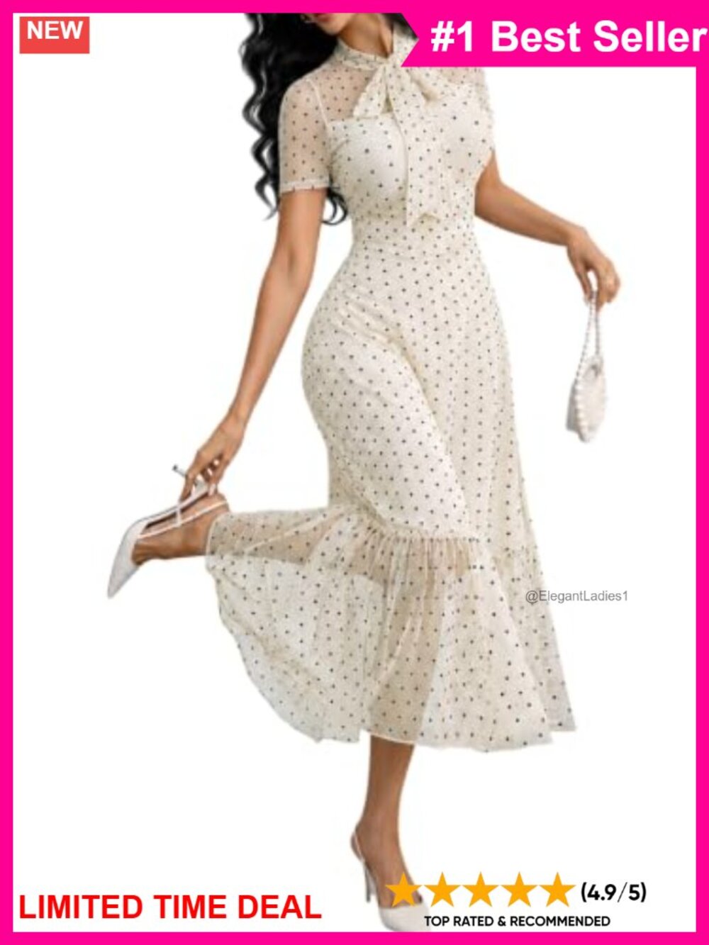 Women's Polka Dot A-Line Dress Tie Bow Neck Short Sleeve Semi Formal
